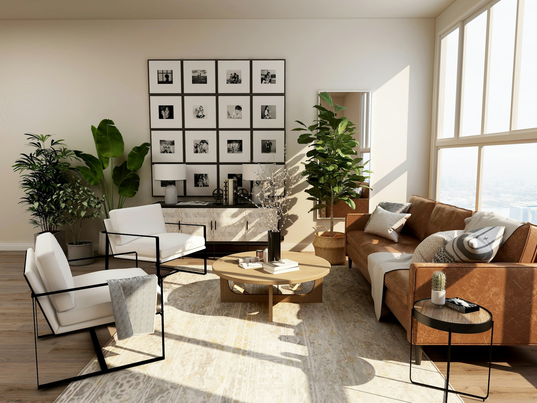 Sunlit living room with a sofa, chairs, and plants